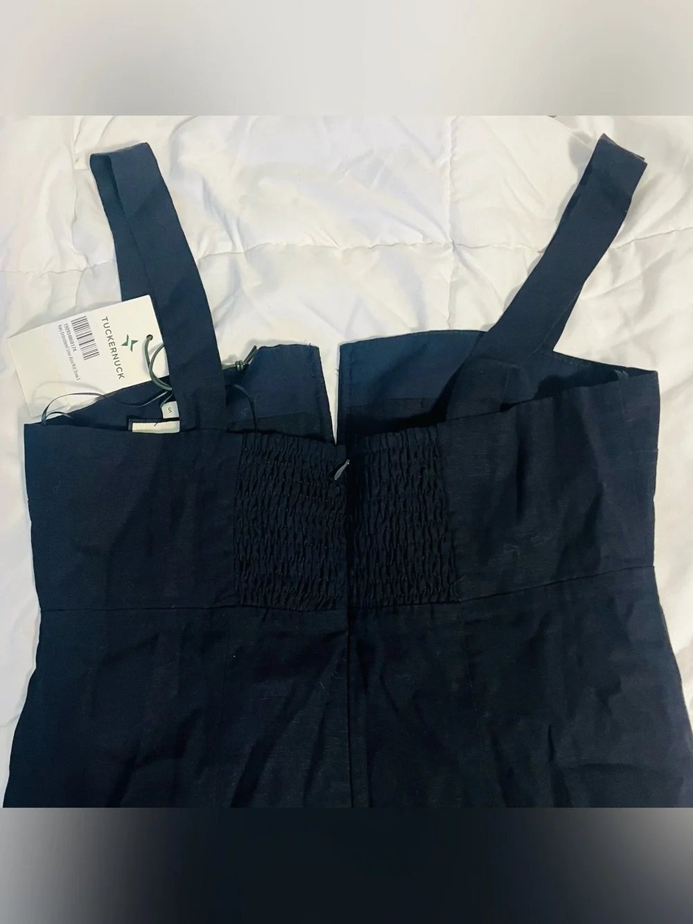 Tuckernuck Navy Embroidered Linen Alma Midi Dress with Cutout Hem (s)